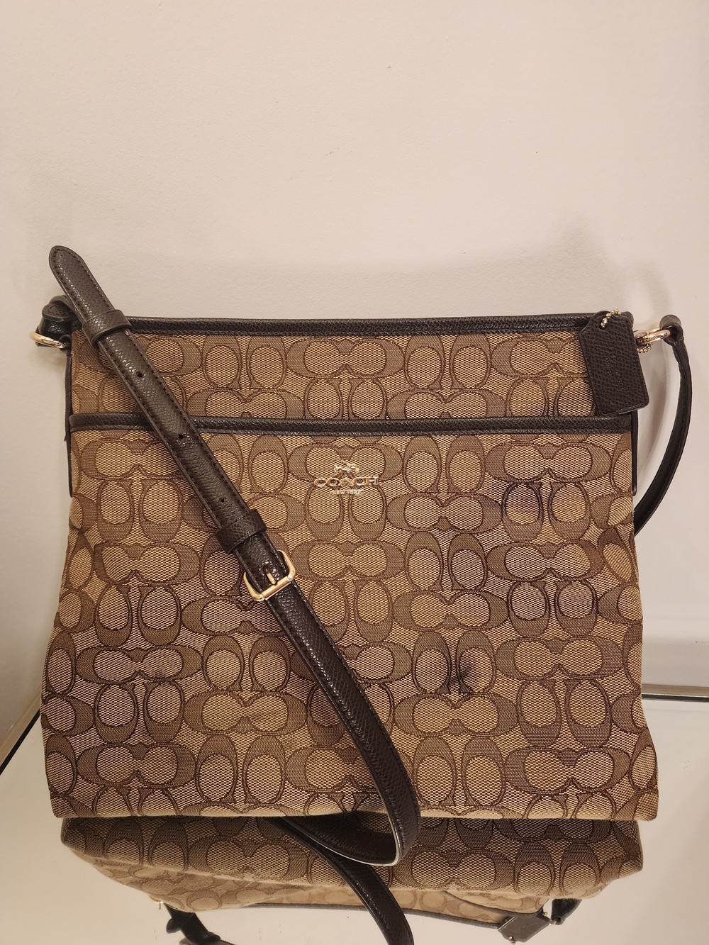 Coach Brown Signature Canvas Crossbody with Dark Brown Trim